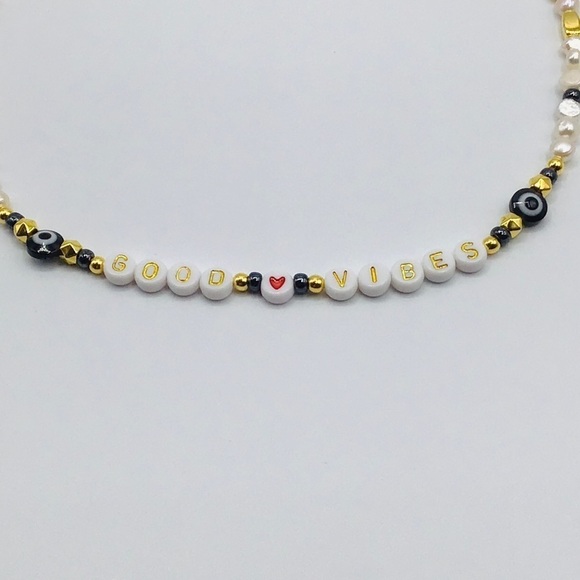 Necklace Good Vibes Evil Eye Fresh Water Pearls Hematite Beads Gold Tone Heart - Picture 8 of 13